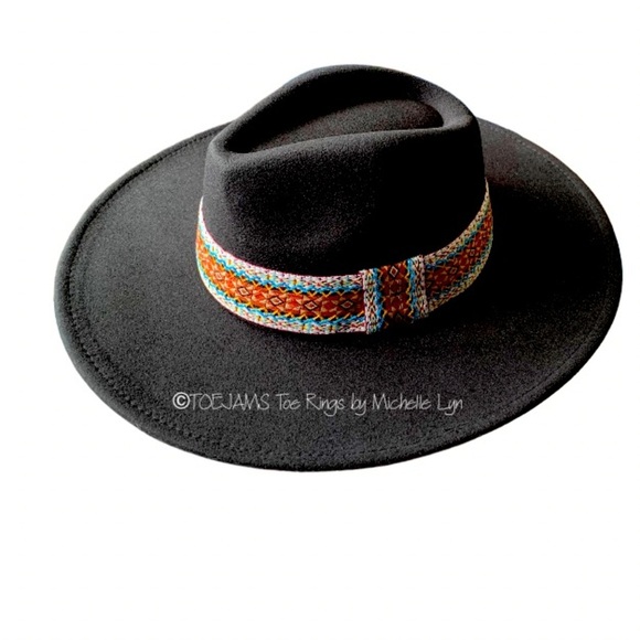 HAT Black Fedora Felt Hat Attached Tribal Print Hat Band New Cowboy Western … - Picture 4 of 4
